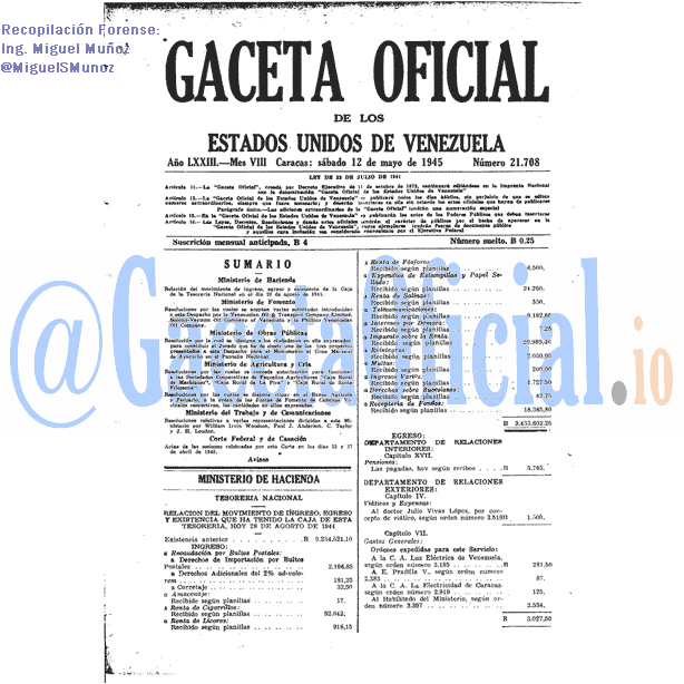 Gaceta Oficial 21708 del 12 Mayo 1945
