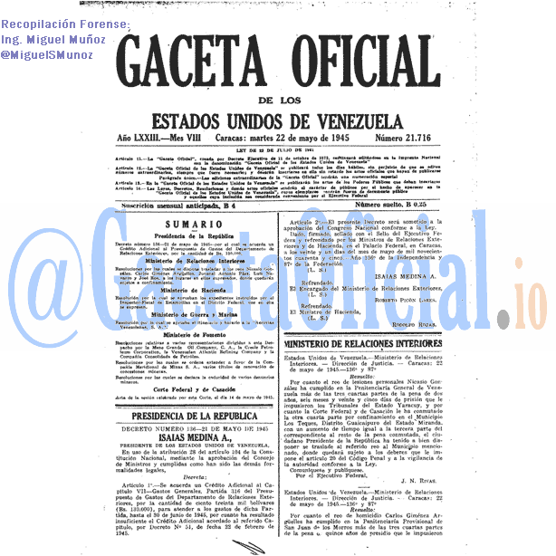 Gaceta Oficial 21716 del 22 Mayo 1945