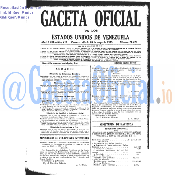 Gaceta Oficial 21720 del 26 Mayo 1945