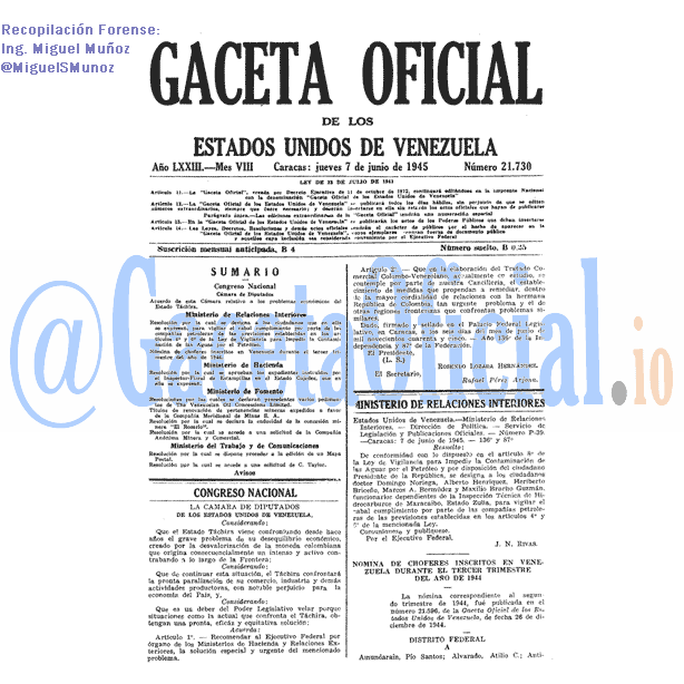 Gaceta Oficial 21730 del 7 Junio 1945