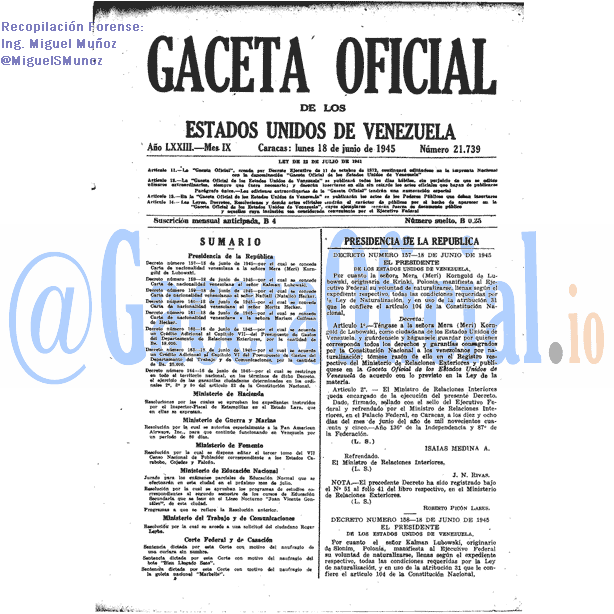 Gaceta Oficial 21739 del 18 Junio 1945
