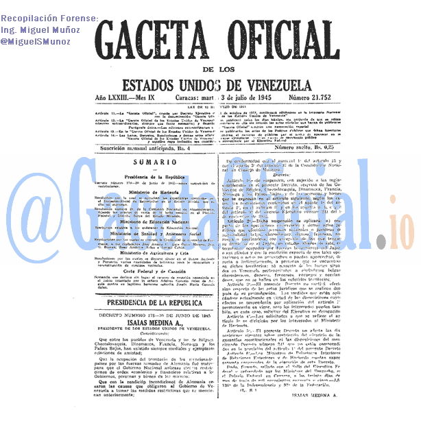 Gaceta Oficial 21752 del 3 Julio 1945