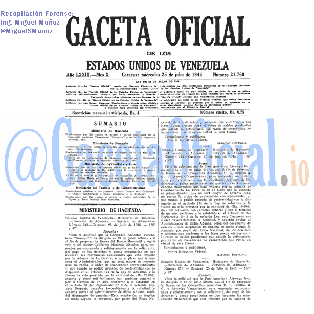 Gaceta Oficial 21769 del 25 Julio 1945