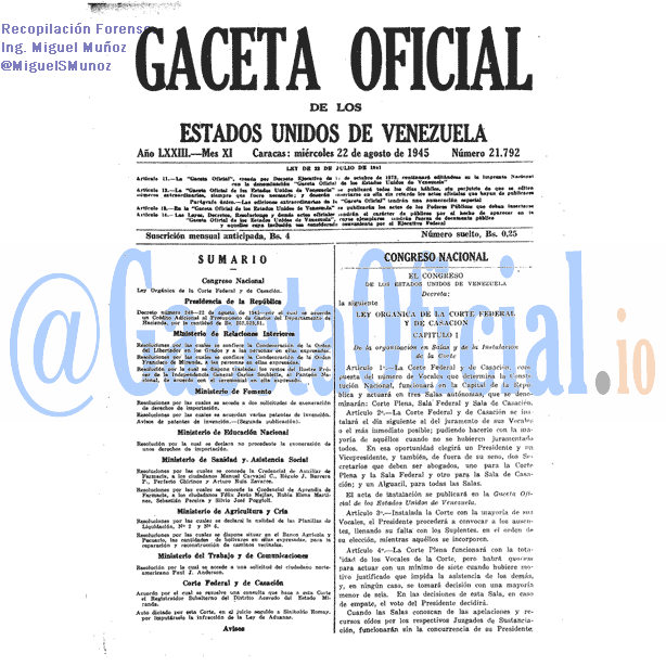 Gaceta Oficial 21792 del 22 Agosto 1945