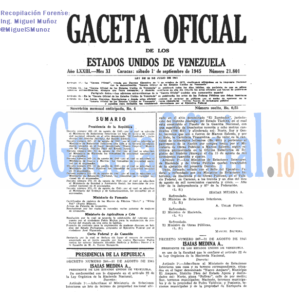Gaceta Oficial 21801 del 1 Septiembre 1945