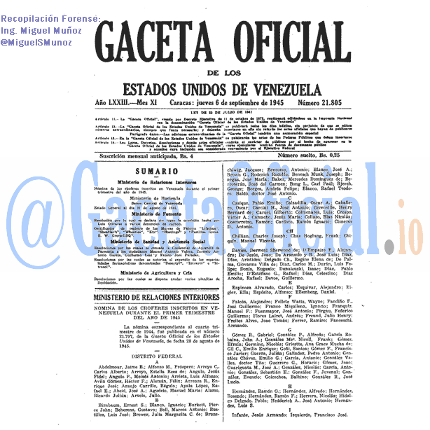 Gaceta Oficial 21805 del 6 Septiembre 1945