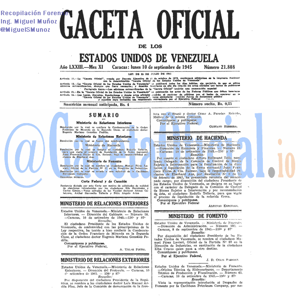 Gaceta Oficial 21808 del 10 Septiembre 1945