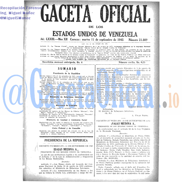 Gaceta Oficial 21809 del 11 Septiembre 1945