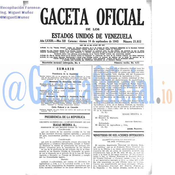 Gaceta Oficial 21812 del 14 Septiembre 1945