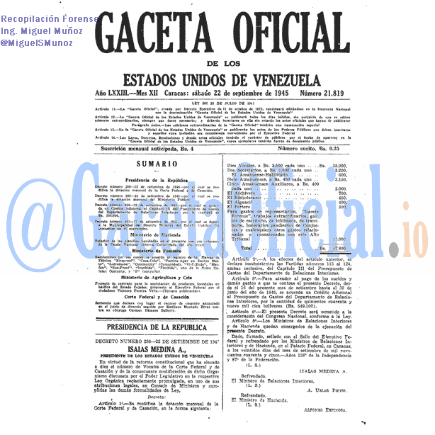 Gaceta Oficial 21819 del 22 Septiembre 1945