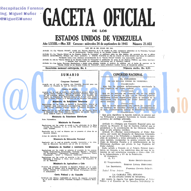 Gaceta Oficial 21822 del 26 Septiembre 1945