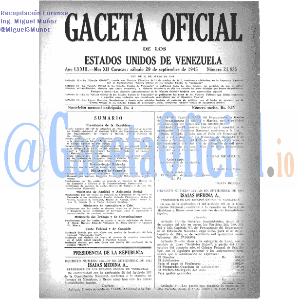 Gaceta Oficial 21825 del 29 Septiembre 1945
