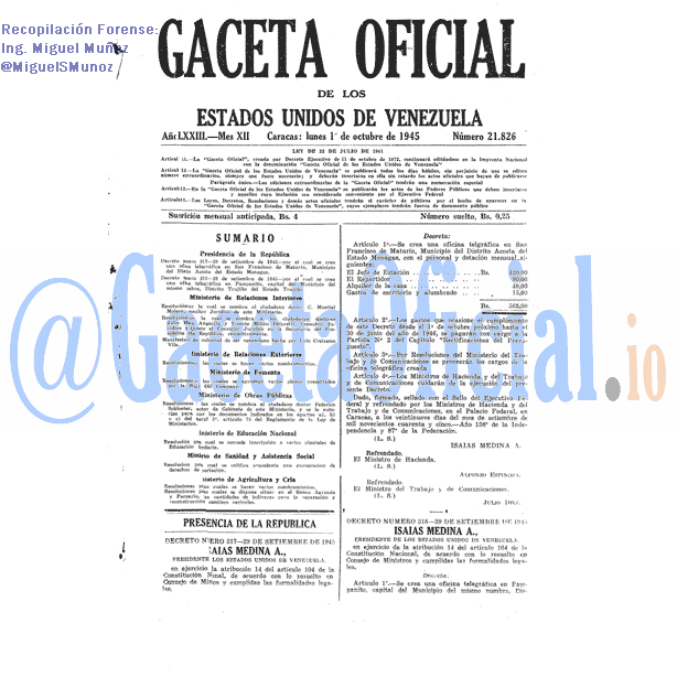 Gaceta Oficial 21826 del 1 Octubre 1945