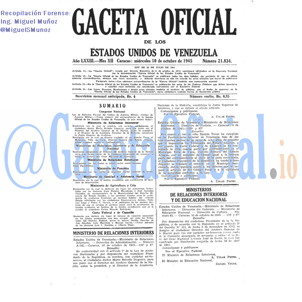 Gaceta Oficial 21834 del 10 Octubre 1945