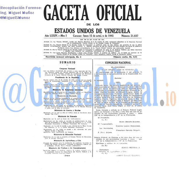 Gaceta Oficial 21837 del 15 Octubre 1945