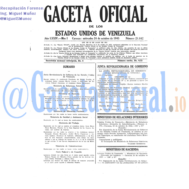 Gaceta Oficial 21842 del 24 Octubre 1945