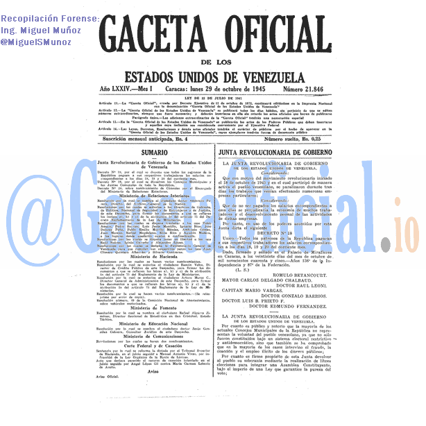Gaceta Oficial 21846 del 29 Octubre 1945