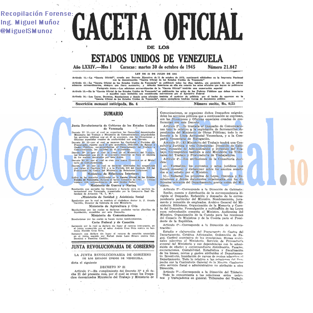 Gaceta Oficial 21847 del 30 Octubre 1945