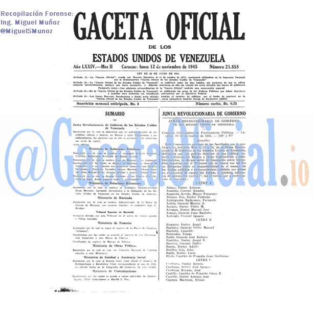 Gaceta Oficial 21858 del 12 Noviembre 1945