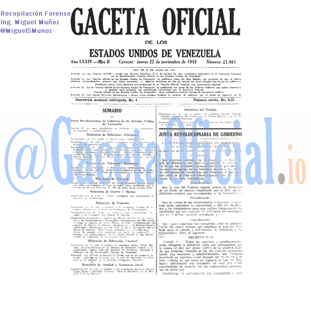Gaceta Oficial 21867 del 22 Noviembre 1945