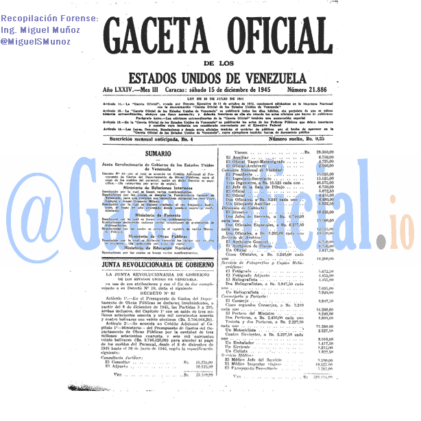 Gaceta Oficial 21886 del 15 Diciembre 1945
