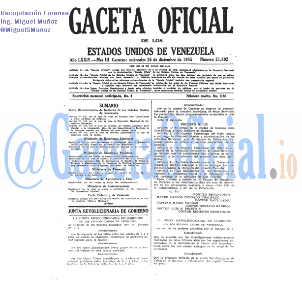 Gaceta Oficial 21892 del 26 Diciembre 1945
