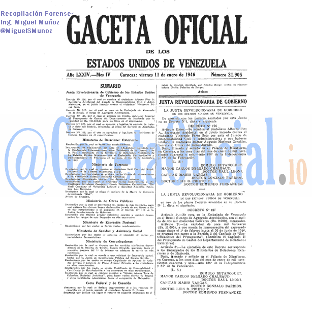 Gaceta Oficial 21905 del 11 Enero 1946