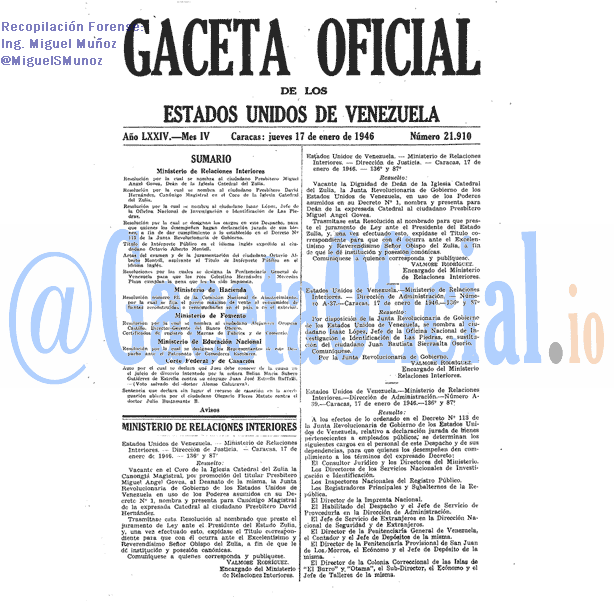 Gaceta Oficial 21910 del 17 Enero 1946
