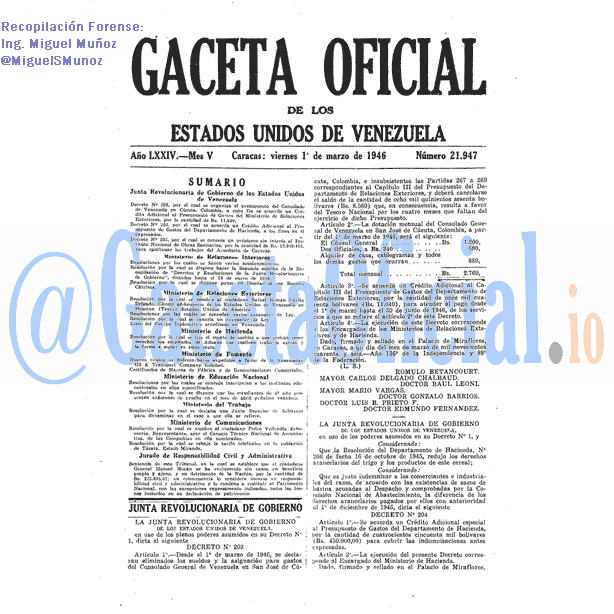 Gaceta Oficial 21947 del 1 Marzo 1946