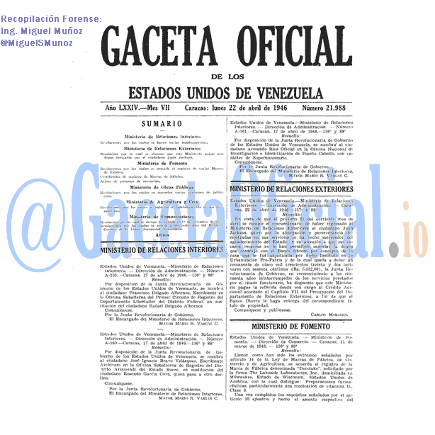 Gaceta Oficial 21988 del 22 Abril 1946
