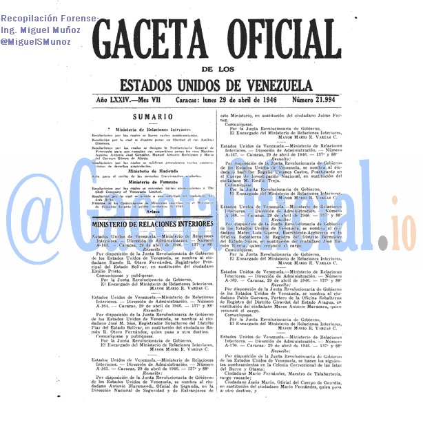 Gaceta Oficial 21994 del 29 Abril 1946
