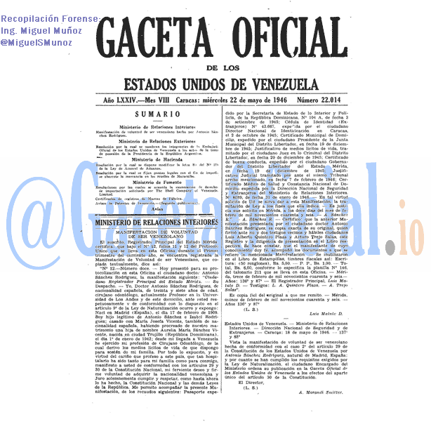 Gaceta Oficial 22014 del 22 Mayo 1946
