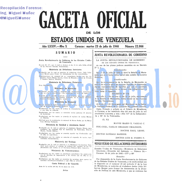Gaceta Oficial 22066 del 23 Julio 1946