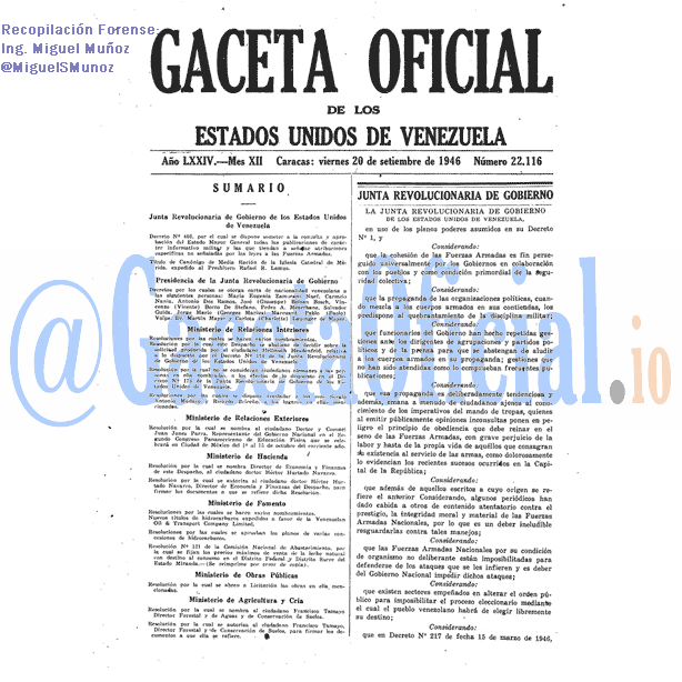 Gaceta Oficial 22116 del 20 Septiembre 1946