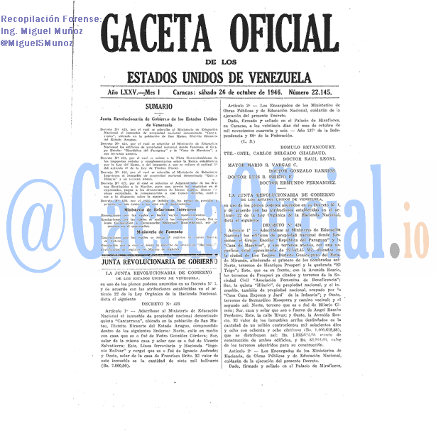 Gaceta Oficial 22145 del 26 Octubre 1946