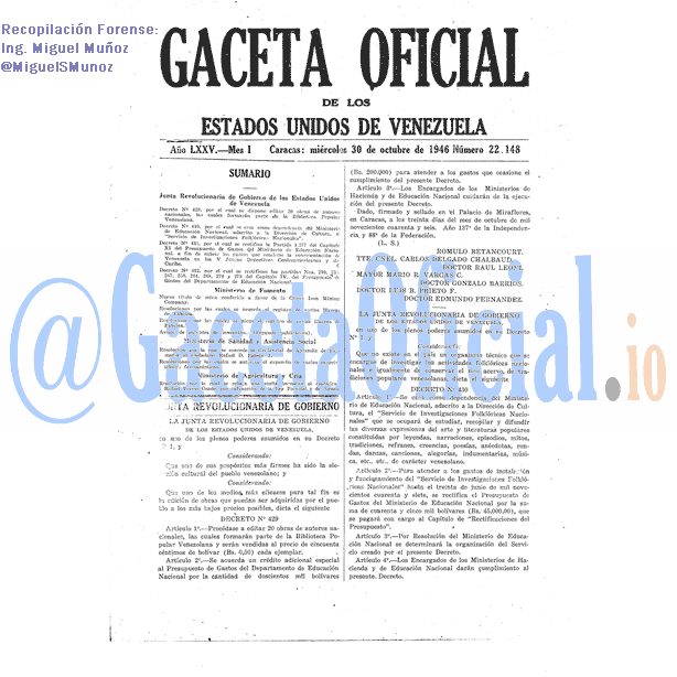 Gaceta Oficial 22148 del 30 Octubre 1946
