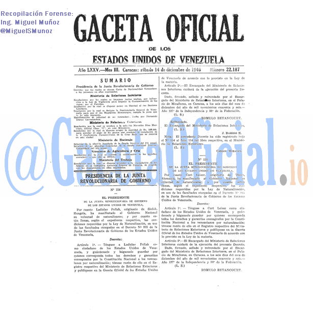Gaceta Oficial 22187 del 14 Diciembre 1946