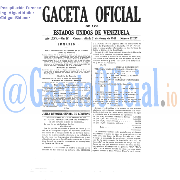Gaceta Oficial 22227 del 1 Febrero 1947