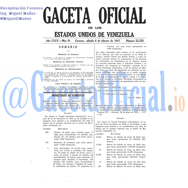 Gaceta Oficial 22233 del 8 Febrero 1947
