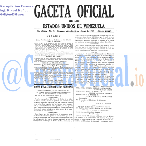 Gaceta Oficial 22236 del 12 Febrero 1947