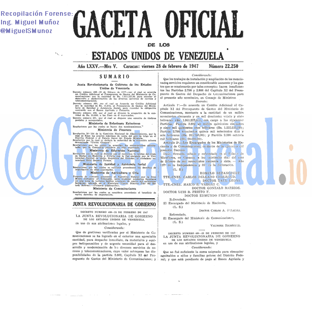 Gaceta Oficial 22250 del 28 Febrero 1947