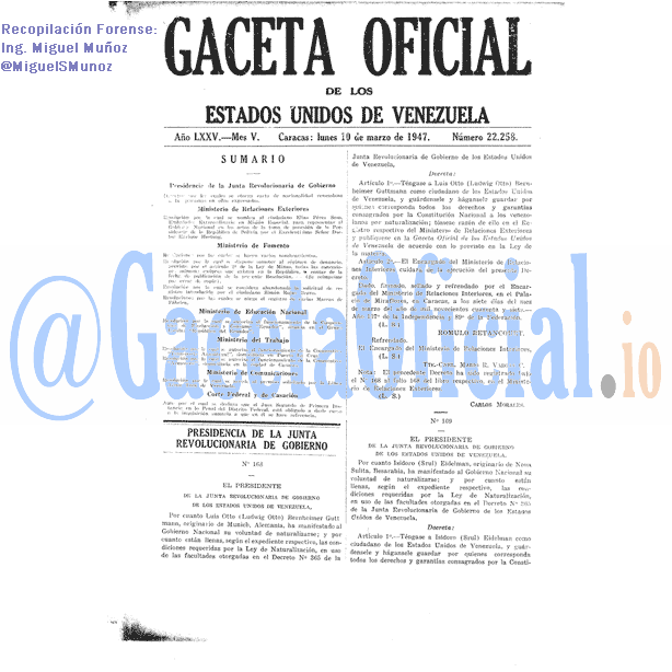 Gaceta Oficial 22258 del 10 Marzo 1947