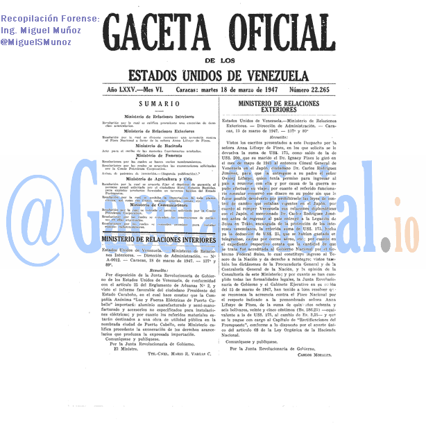 Gaceta Oficial 22265 del 18 Marzo 1947