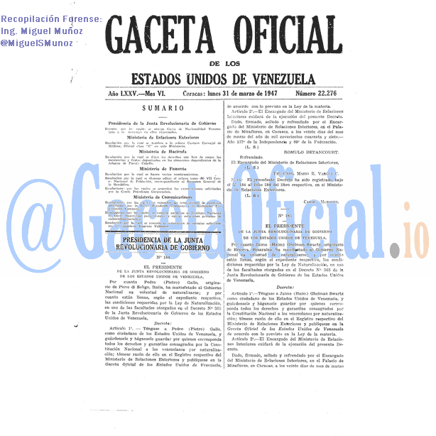 Gaceta Oficial 22276 del 31 Marzo 1947