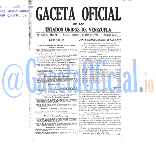 Gaceta Oficial 22277 del 1 Abril 1947