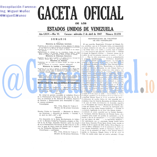 Gaceta Oficial 22278 del 2 Abril 1947