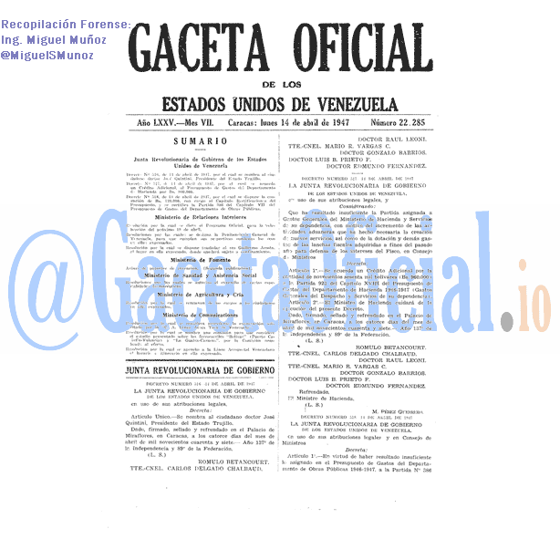 Gaceta Oficial 22285 del 14 Abril 1947