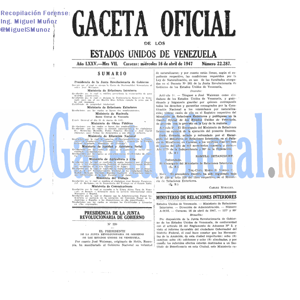 Gaceta Oficial 22287 del 16 Abril 1947