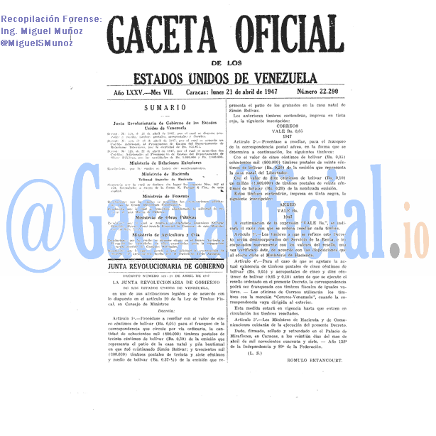 Gaceta Oficial 22290 del 21 Abril 1947