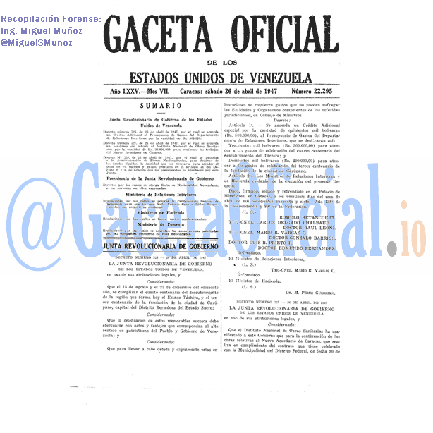Gaceta Oficial 22295 del 26 Abril 1947